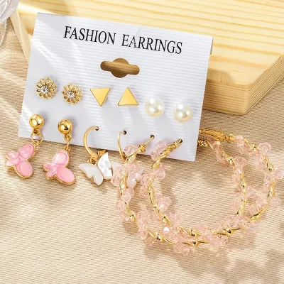 Fashionable Retro Pink Butterfly Earrings Set